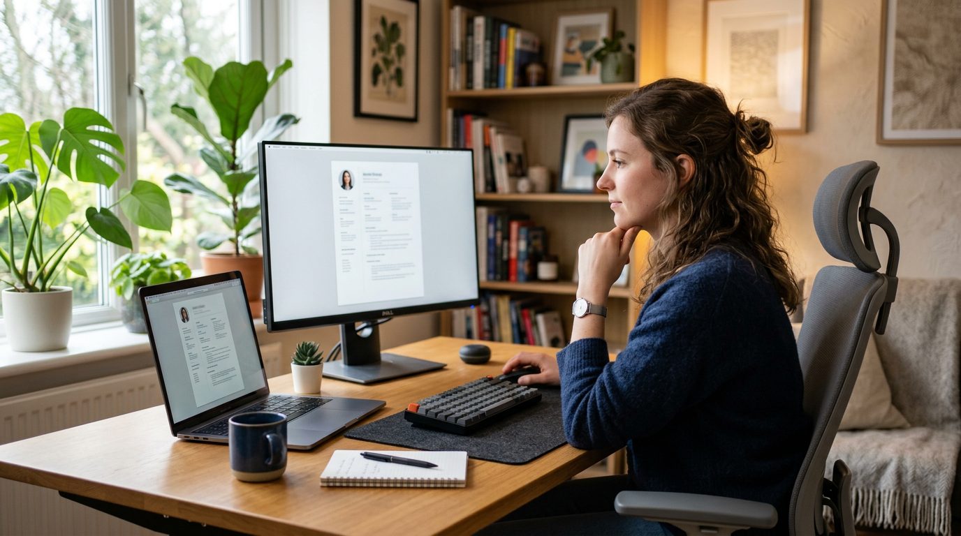 Freelance designer using PitchPack on a laptop to generate a tailored application pack